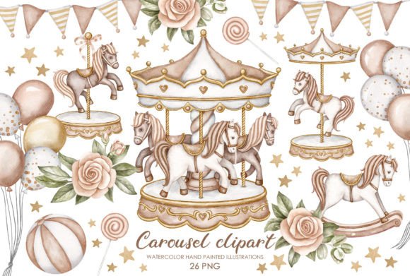 Beige Carousel Horses Clipart Set