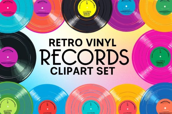 Neon Retro Vinyl Records Clipart Set