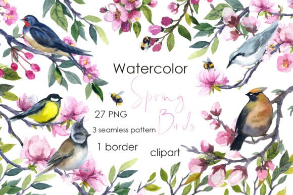 Watercolor Spring Clipart: Cute Birds & Blooms