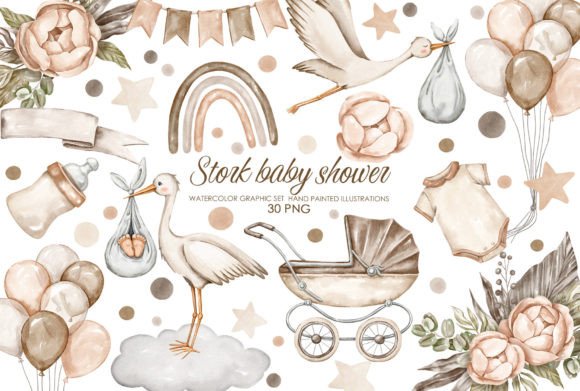 Watercolor Stork Baby Shower Clipart Set